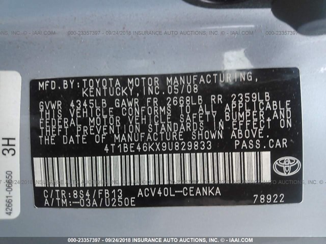 4T1BE46KX9U829833 - 2009 TOYOTA CAMRY SE/LE/XLE ღია ლურჯი ფოტო 9