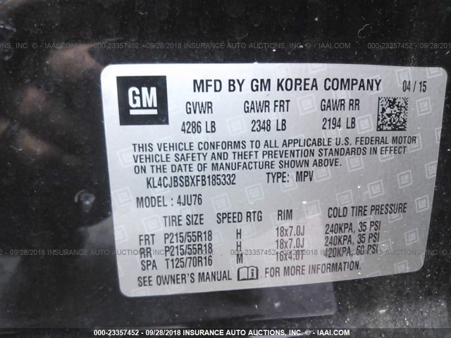 KL4CJBSBXFB185332 - 2015 BUICK ENCORE CONVENIENCE 黑色 照片 9