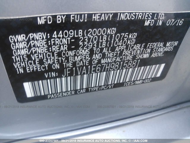 JF1VA1E67H9815881 - 2017 SUBARU WRX PREMIUM GRAY photo 9