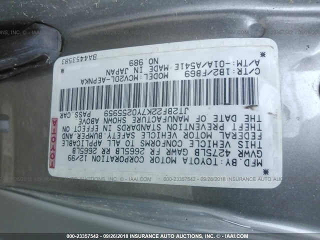 JT2BF22K7Y0255959 - 2000 TOYOTA CAMRY CE/LE/XLE 银色 照片 9