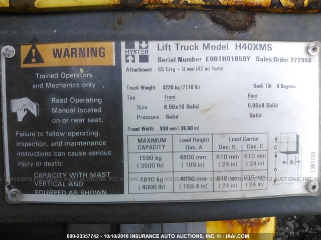 000000E001H01859Y - 2002 HYSTER N/A     H40XMS  YELLOW photo 9