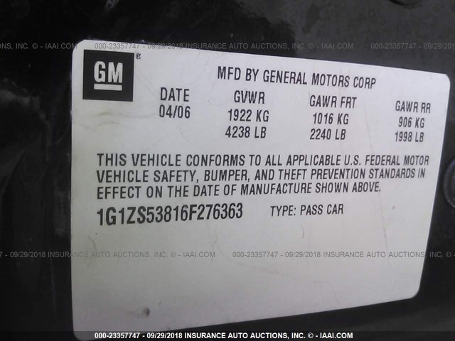 1G1ZS53816F276363 - 2006 CHEVROLET MALIBU LS Qara foto 9