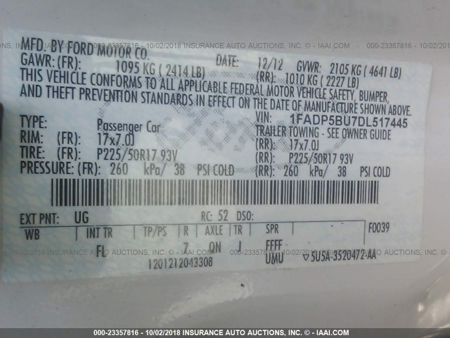 1FADP5BU7DL517445 - 2013 FORD C-MAX SEL WHITE photo 9