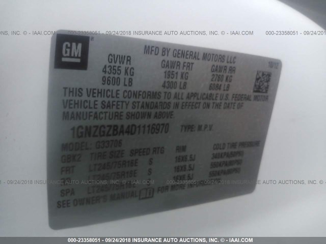 1GNZGZBA4D1116970 - 2013 CHEVROLET EXPRESS G3500 LS WHITE photo 9