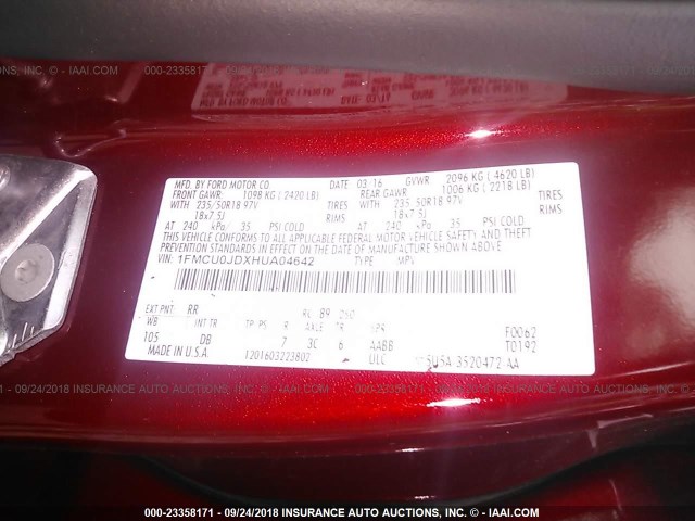 1FMCU0JDXHUA04642 - 2017 FORD ESCAPE TITANIUM RED photo 9