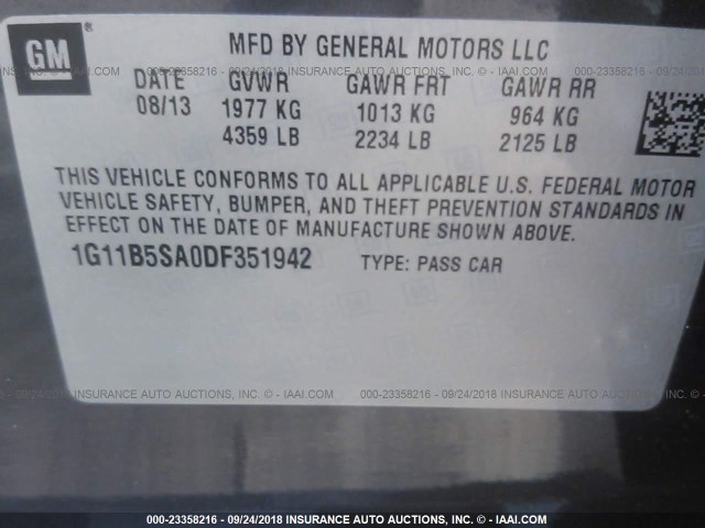 1G11B5SA0DF351942 - 2013 CHEVROLET MALIBU LS ნაცრისფერი ფოტო 9