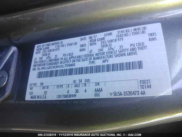 5LMCJ2C93HUL70985 - 2017 LINCOLN MKC SELECT GRAY photo 9