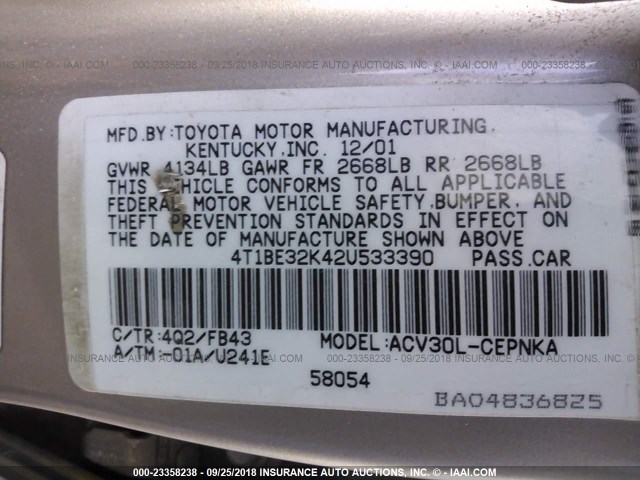 4T1BE32K42U533390 - 2002 TOYOTA CAMRY LE/XLE/SE Алтын фото 9