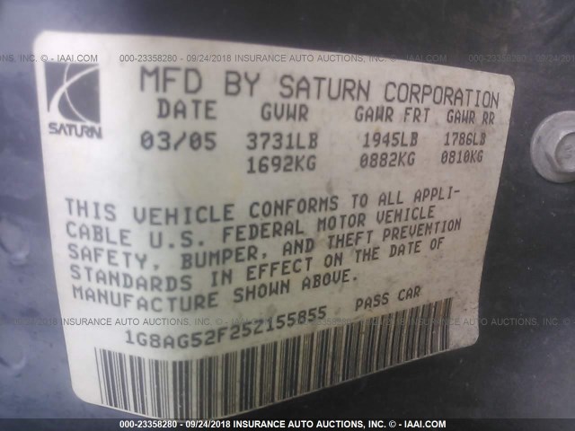 1G8AG52F25Z155855 - 2005 SATURN ION LEVEL 1 SILVER photo 9