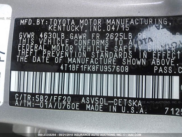 4T1BF1FK8FU957608 - 2015 TOYOTA CAMRY LE/XLE/SE/XSE 米色 照片 9