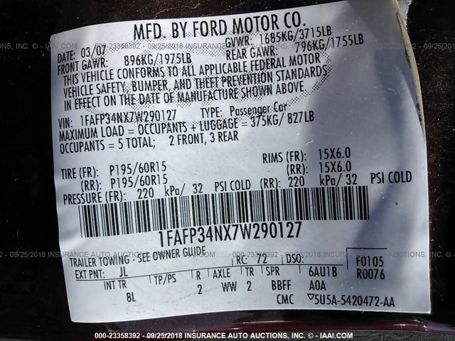 1FAFP34NX7W290127 - 2007 FORD FOCUS ZX4/S/SE/SES მუქწითელი ფოტო 9