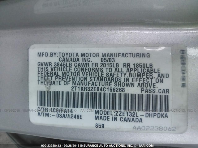 2T1KR32E84C166268 - 2004 TOYOTA COROLLA MATRIX XR SILVER photo 9