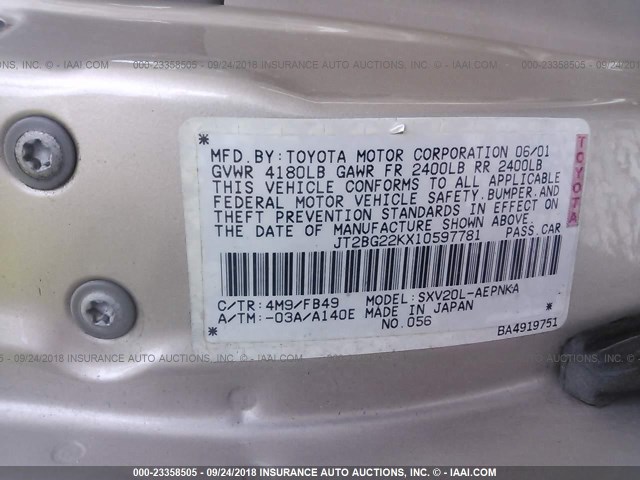 JT2BG22KX10597781 - 2001 TOYOTA CAMRY CE/LE/XLE 金色 照片 9