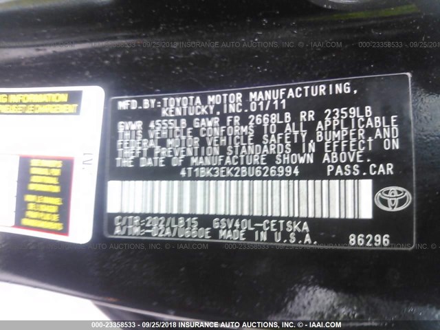 4T1BK3EK2BU626994 - 2011 TOYOTA CAMRY SE/LE/XLE BLACK photo 9