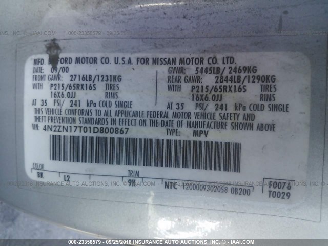 4N2ZN17T01D800867 - 2001 NISSAN QUEST GLE SILVER photo 9
