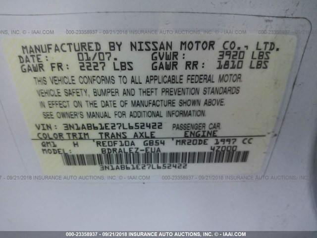 3N1AB61E27L652422 - 2007 NISSAN SENTRA 2.0/2.0S/2.0SL WHITE photo 9