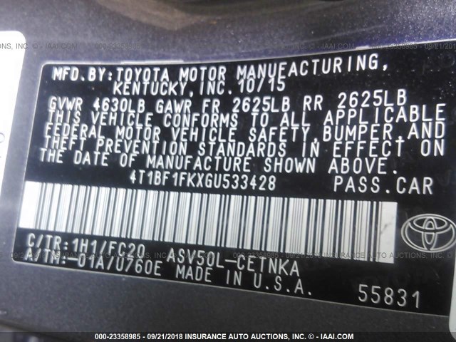 4T1BF1FKXGU533428 - 2016 TOYOTA CAMRY LE/XLE/SE/XSE GRAY photo 9