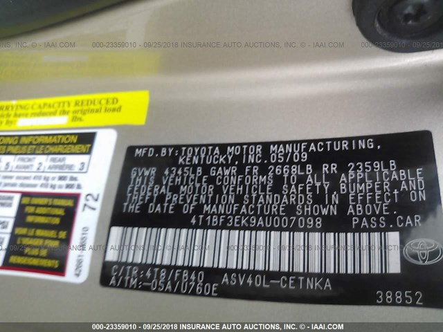 4T1BF3EK9AU007098 - 2010 TOYOTA CAMRY SE/LE/XLE ოქროსფერი ფოტო 9
