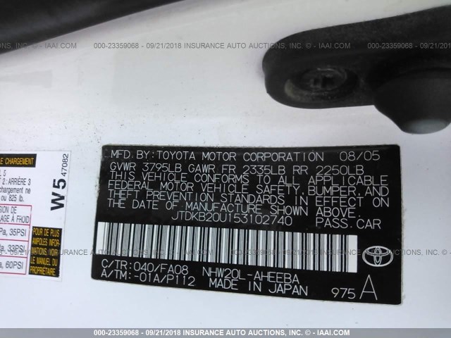 JTDKB20U153102740 - 2005 TOYOTA PRIUS WHITE photo 9