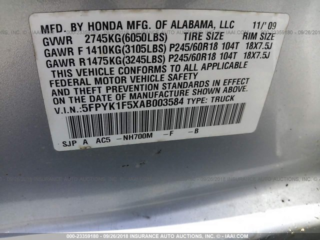 5FPYK1F5XAB003584 - 2010 HONDA RIDGELINE RTL SILVER photo 9