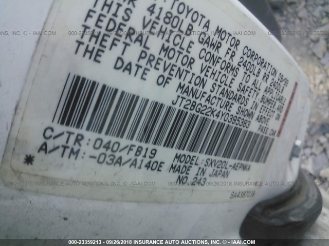 JT2BG22K4Y0395383 - 2000 TOYOTA CAMRY CE/LE/XLE 白色 照片 9