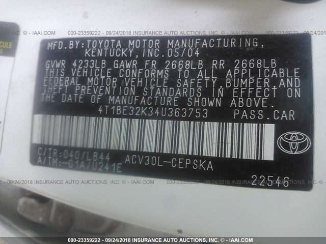 4T1BE32K34U363753 - 2004 TOYOTA CAMRY LE/XLE/SE WHITE photo 9