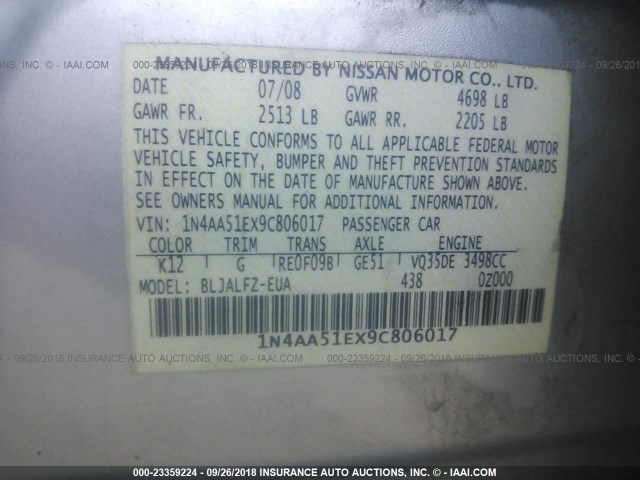 1N4AA51EX9C806017 - 2009 NISSAN MAXIMA S/SV SILVER photo 9