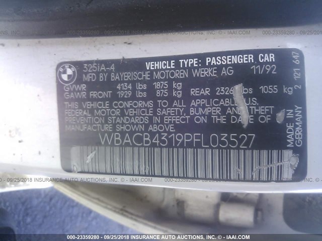 WBACB4319PFL03527 - 1993 BMW 325 I AUTOMATIC WHITE photo 9