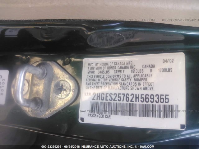 2HGES25762H569355 - 2002 HONDA CIVIC EX GREEN photo 9