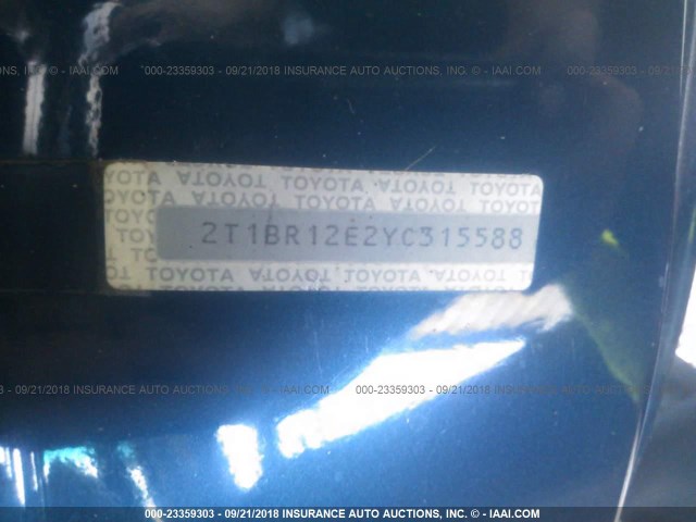 2T1BR12E2YC315588 - 2000 TOYOTA COROLLA VE/CE/LE BLUE photo 9