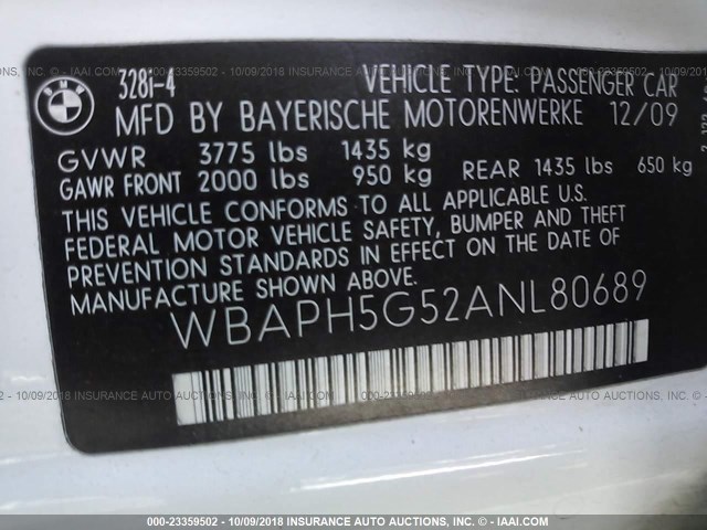 WBAPH5G52ANL80689 - 2010 BMW 328 I SULEV WHITE photo 9