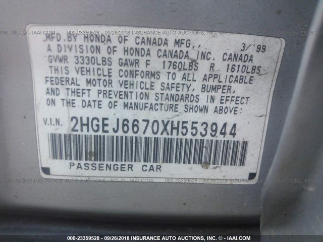 2HGEJ6670XH553944 - 1999 HONDA CIVIC LX Gümüş foto 9