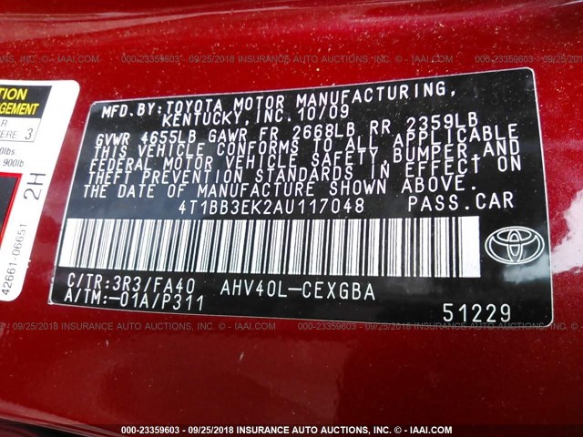 4T1BB3EK2AU117048 - 2010 TOYOTA CAMRY HYBRID RED photo 9