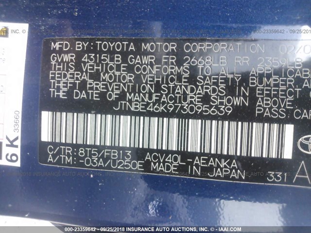 JTNBE46K973095639 - 2007 TOYOTA CAMRY NEW GENERAT CE/LE/XLE/SE BLUE photo 9