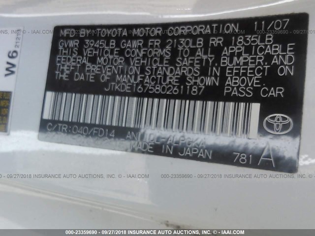 JTKDE167580261187 - 2008 TOYOTA SCION TC 白色 照片 9