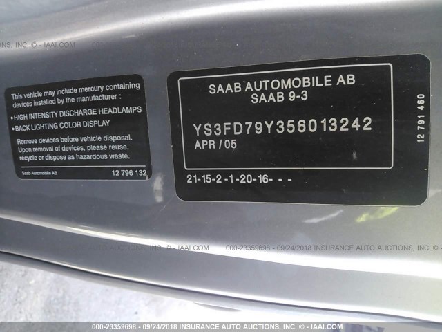 YS3FD79Y356013242 - 2005 SAAB 9-3 ARC GRAY photo 9