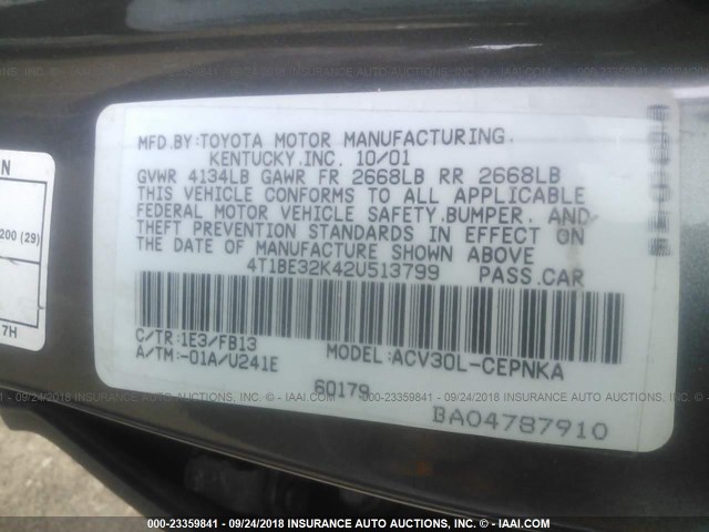 4T1BE32K42U513799 - 2002 TOYOTA CAMRY LE/XLE/SE Сұр фото 9
