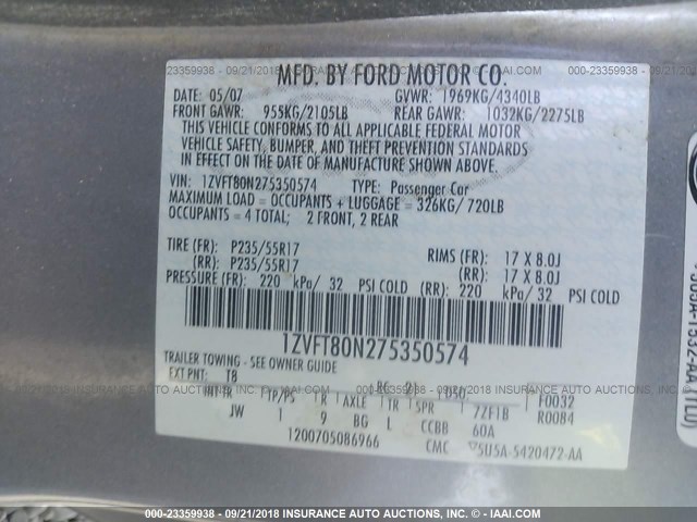 1ZVFT80N275350574 - 2007 FORD MUSTANG SILVER photo 9