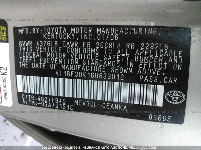 4T1BF30K16U633016 - 2006 TOYOTA CAMRY LE/XLE/SE Алтын фото 9