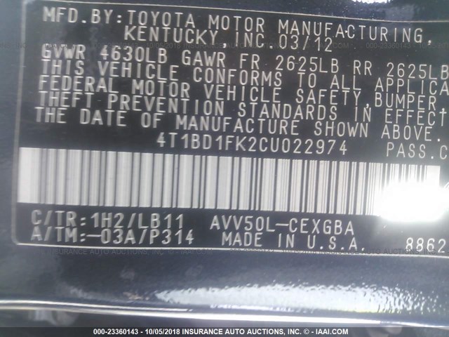 4T1BD1FK2CU022974 - 2012 TOYOTA CAMRY HYBRID/LE/XLE 深蓝色 照片 9