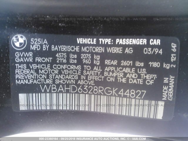 WBAHD6328RGK44827 - 1994 BMW 525 I AUTOMATIC BLACK photo 9