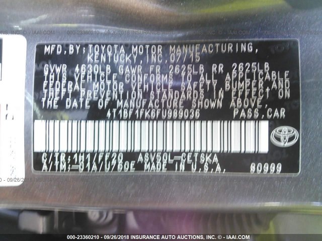 4T1BF1FK6FU989036 - 2015 TOYOTA CAMRY LE/XLE/SE/XSE 灰色 照片 9