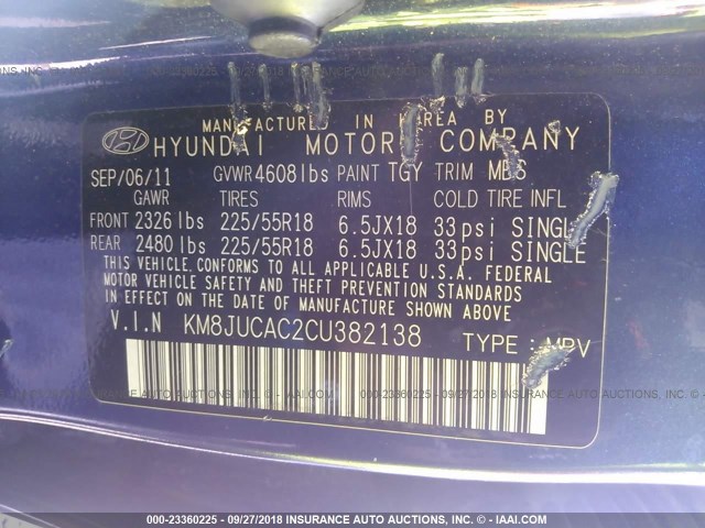 KM8JUCAC2CU382138 - 2012 HYUNDAI TUCSON GLS/LIMITED 深蓝色 照片 9
