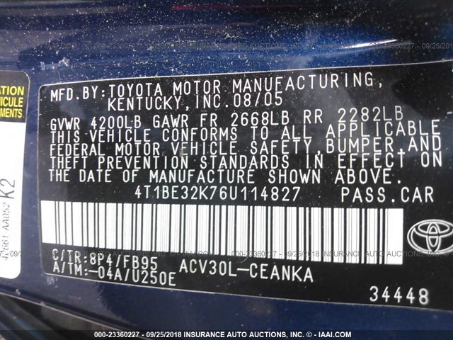 4T1BE32K76U114827 - 2006 TOYOTA CAMRY LE/XLE/SE BLUE photo 9