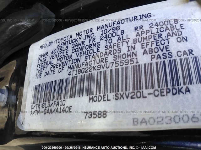 4T1BG22K9VU755951 - 1997 TOYOTA CAMRY CE/LE/XLE 蓝色 照片 9