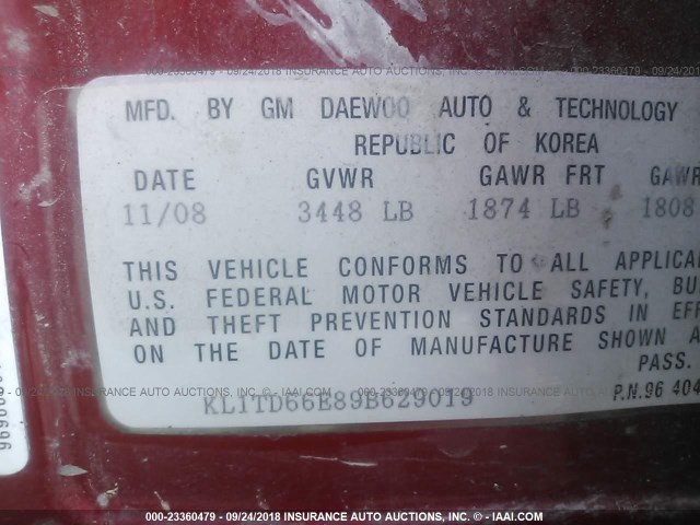 KL1TD66E89B629019 - 2009 CHEVROLET AVEO LS/LT RED photo 9