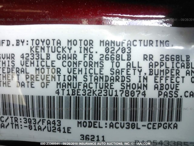 4T1BE32K23U178074 - 2003 TOYOTA CAMRY LE/XLE/SE RED photo 9