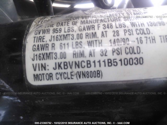 JKBVNCB111B510030 - 2001 KAWASAKI VN800 B BLUE photo 10