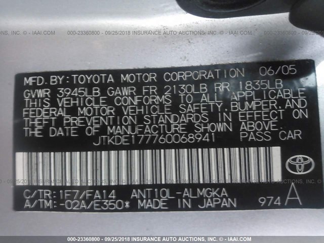 JTKDE177760068941 - 2006 TOYOTA SCION TC 银色 照片 9