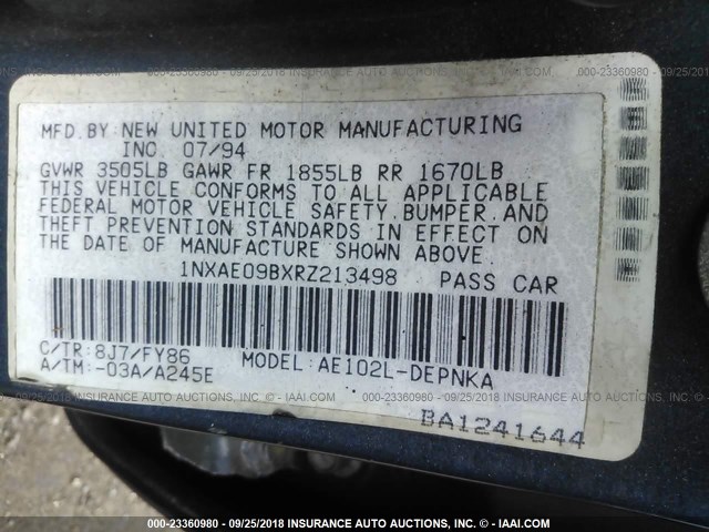 1NXAE09BXRZ213498 - 1994 TOYOTA COROLLA LE/DX 蓝色 照片 9